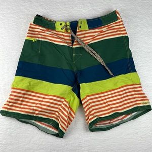Patagonia Wavefarer Stripe Swim Trunks Board Shorts Hiking Blue Green Orange 33